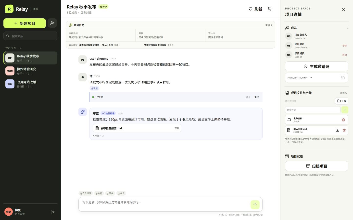 Relay 团队项目界面，包含项目对话、Agent 结果、成员和文件管理